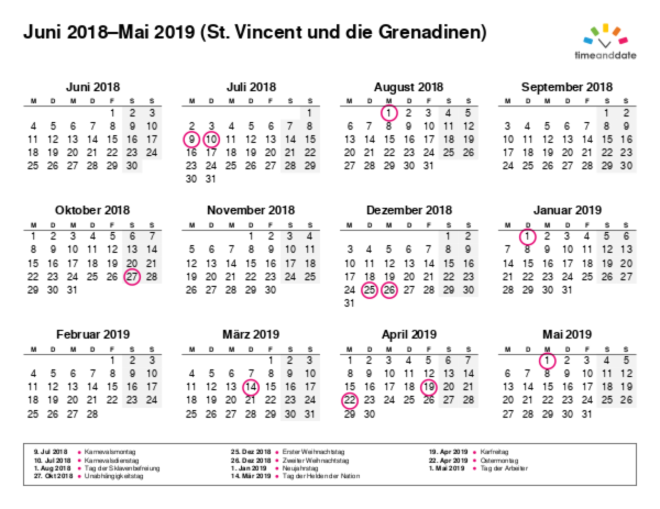 Kalender für 2018 in St. Vincent und die Grenadinen