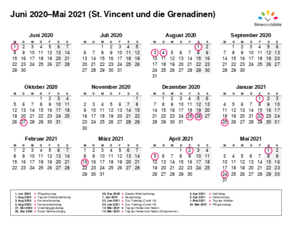 Kalender für 2020 in St. Vincent und die Grenadinen