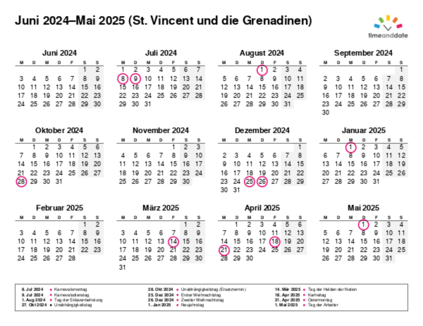 Kalender für 2024 in St. Vincent und die Grenadinen