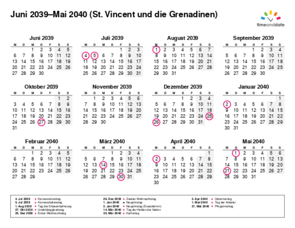 Kalender für 2039 in St. Vincent und die Grenadinen