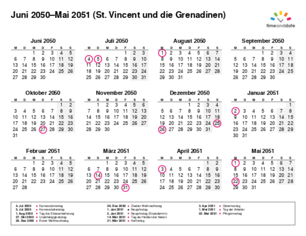 Kalender für 2050 in St. Vincent und die Grenadinen
