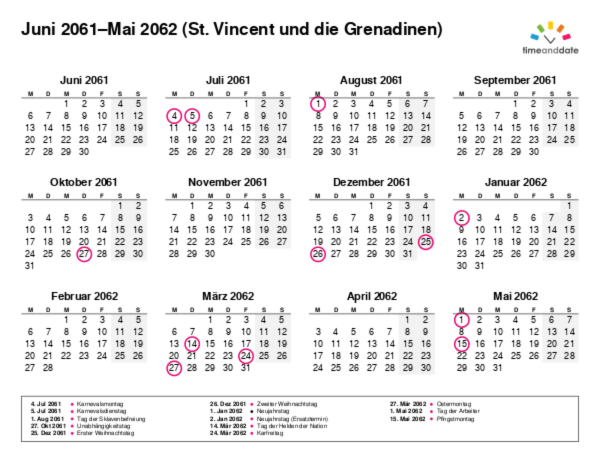 Kalender für 2061 in St. Vincent und die Grenadinen