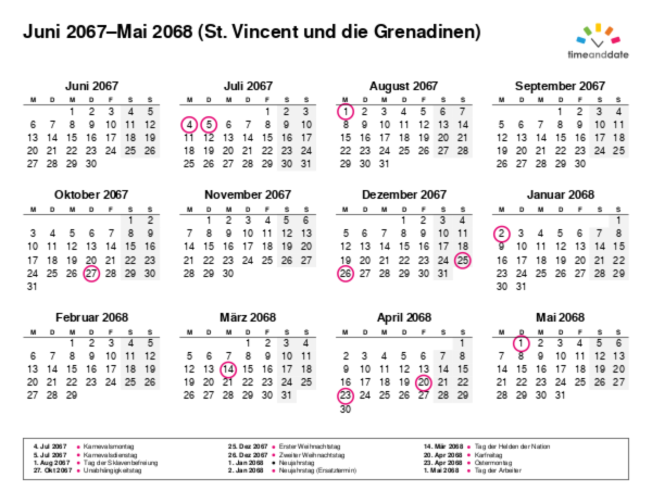 Kalender für 2067 in St. Vincent und die Grenadinen