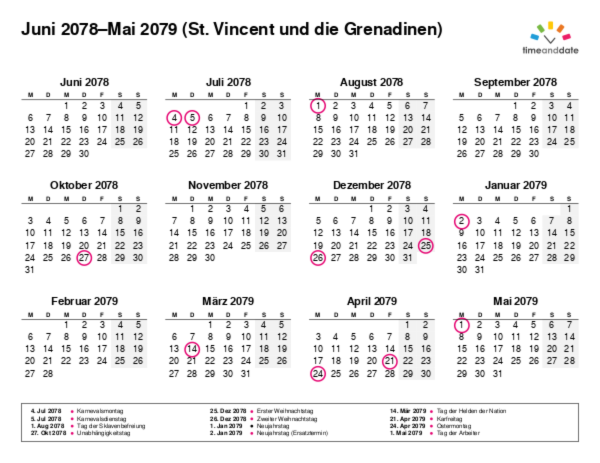 Kalender für 2078 in St. Vincent und die Grenadinen