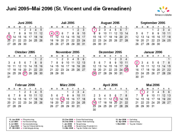 Kalender für 2095 in St. Vincent und die Grenadinen
