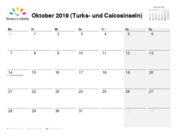 Kalender für 2019 in Turks- und Caicosinseln