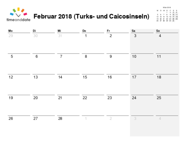 Kalender für 2018 in Turks- und Caicosinseln
