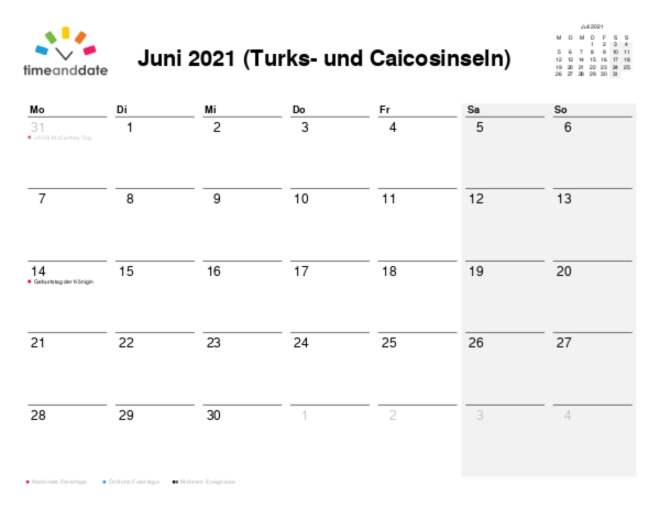 Kalender für 2021 in Turks- und Caicosinseln