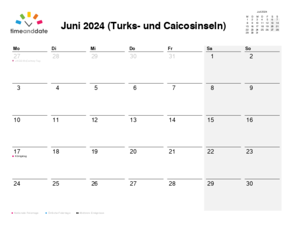 Kalender für 2024 in Turks- und Caicosinseln