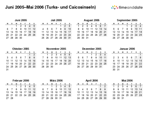 Kalender für 2005 in Turks- und Caicosinseln