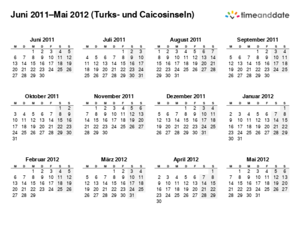 Kalender für 2011 in Turks- und Caicosinseln
