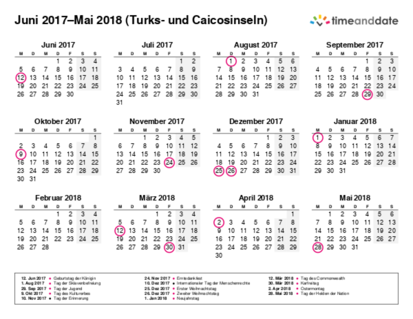 Kalender für 2017 in Turks- und Caicosinseln