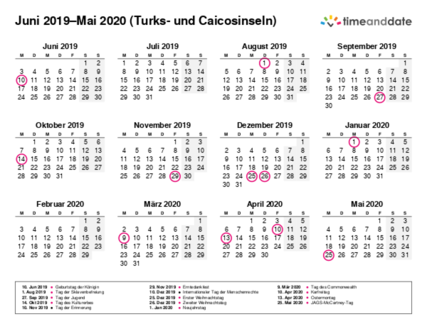 Kalender für 2019 in Turks- und Caicosinseln