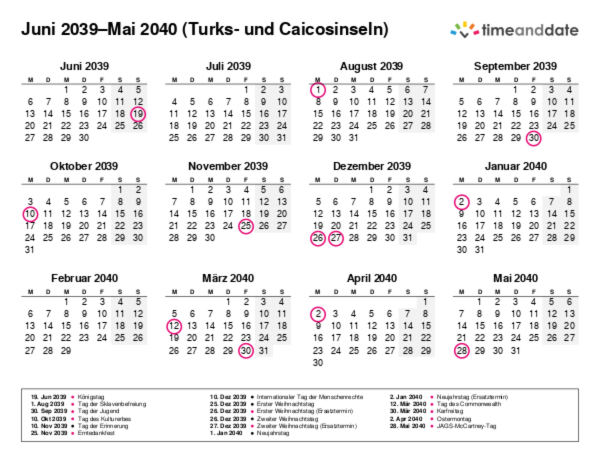 Kalender für 2039 in Turks- und Caicosinseln