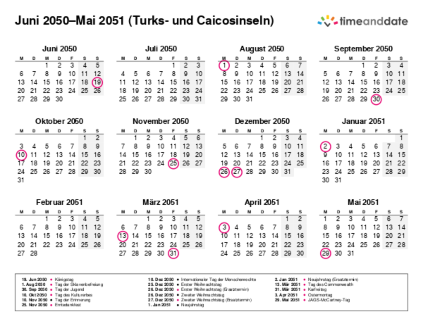 Kalender für 2050 in Turks- und Caicosinseln