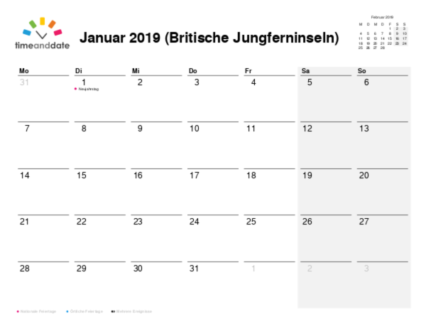 Kalender für 2019 in Britische Jungferninseln