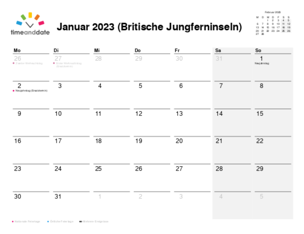 Kalender für 2023 in Britische Jungferninseln