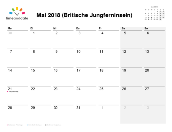 Kalender für 2018 in Britische Jungferninseln