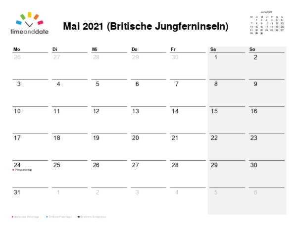 Kalender für 2021 in Britische Jungferninseln