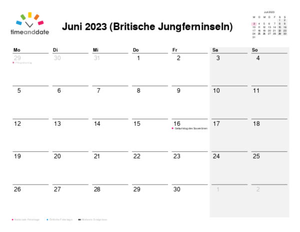 Kalender für 2023 in Britische Jungferninseln