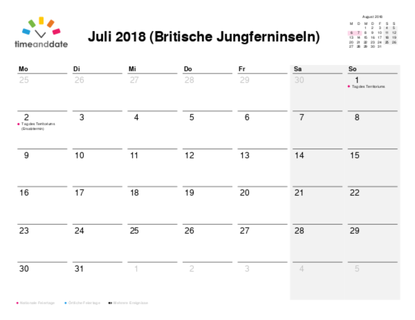 Kalender für 2018 in Britische Jungferninseln