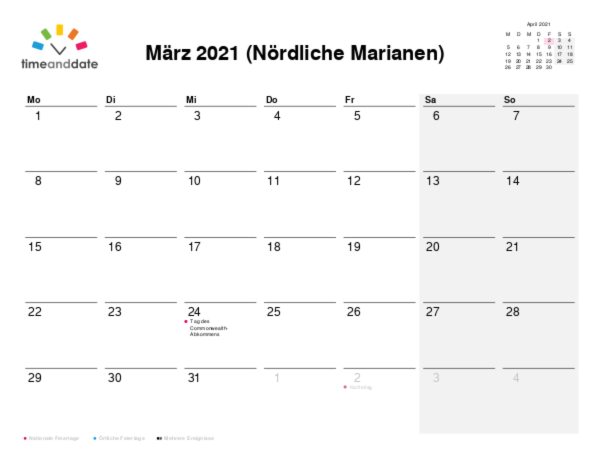Kalender für 2021 in Nördliche Marianen