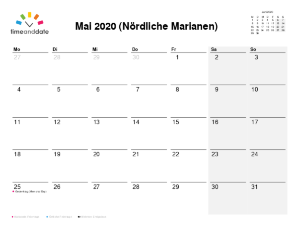 Kalender für 2020 in Nördliche Marianen
