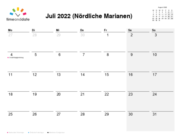 Kalender für 2022 in Nördliche Marianen