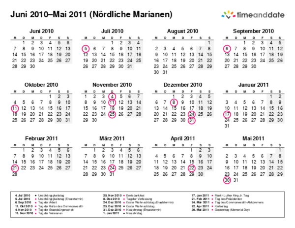 Kalender für 2010 in Nördliche Marianen