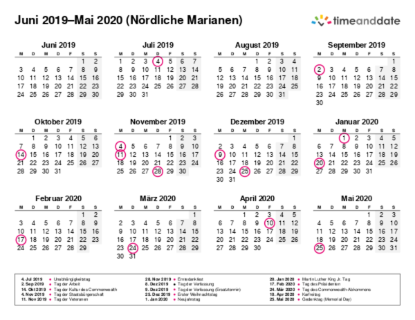 Kalender für 2019 in Nördliche Marianen