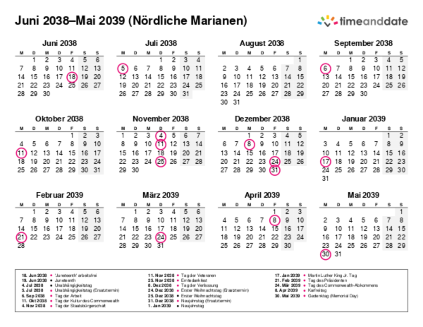 Kalender für 2038 in Nördliche Marianen