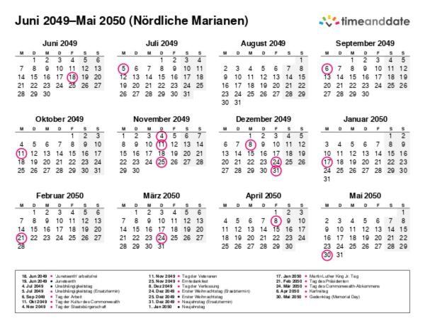 Kalender für 2049 in Nördliche Marianen