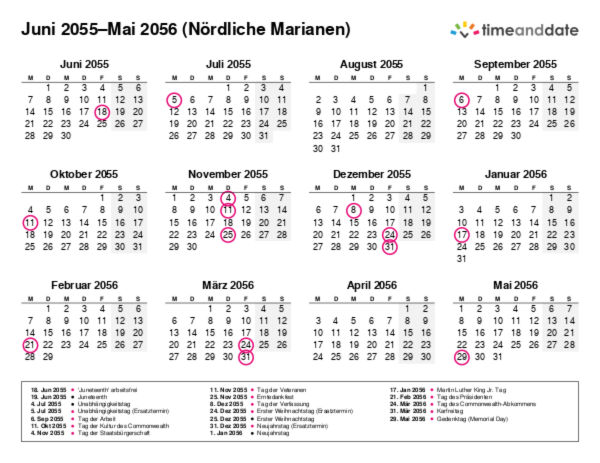 Kalender für 2055 in Nördliche Marianen