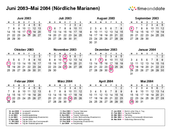 Kalender für 2083 in Nördliche Marianen