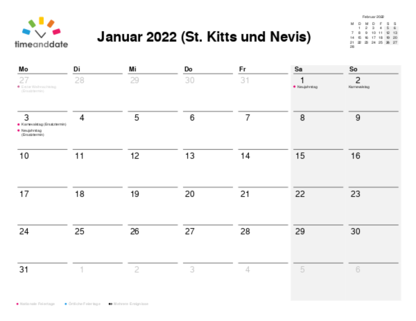 Kalender für 2022 in St. Kitts und Nevis