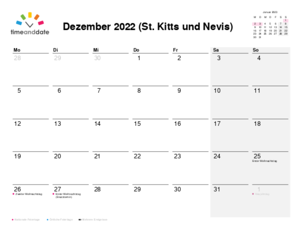 Kalender für 2022 in St. Kitts und Nevis