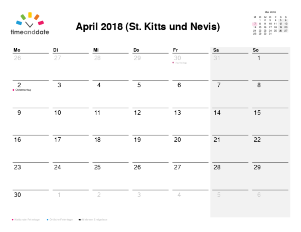 Kalender für 2018 in St. Kitts und Nevis