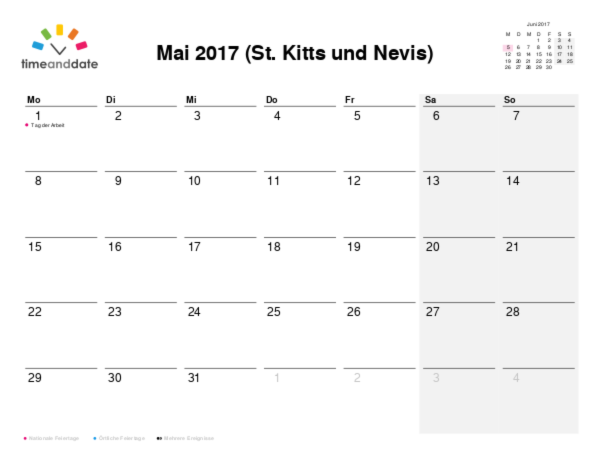 Kalender für 2017 in St. Kitts und Nevis