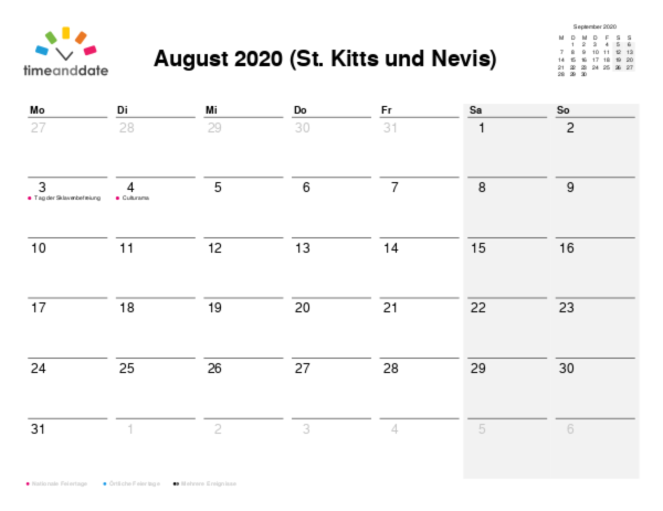 Kalender für 2020 in St. Kitts und Nevis