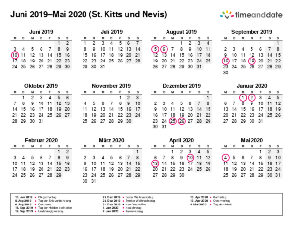 Kalender für 2019 in St. Kitts und Nevis