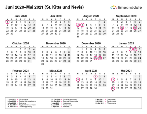 Kalender für 2020 in St. Kitts und Nevis