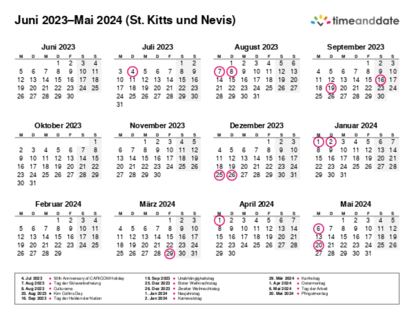 Kalender für 2023 in St. Kitts und Nevis
