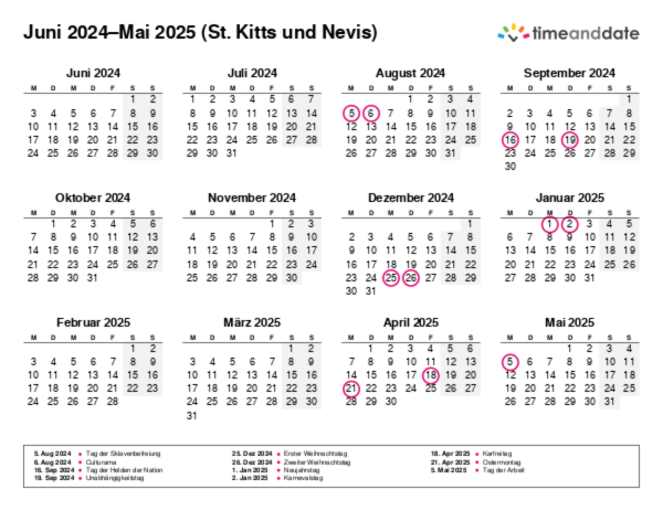 Kalender für 2024 in St. Kitts und Nevis