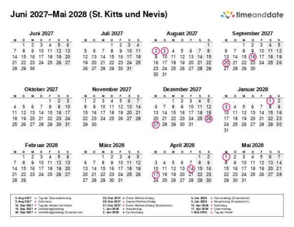 Kalender für 2027 in St. Kitts und Nevis