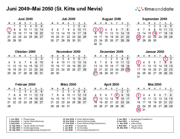 Kalender für 2049 in St. Kitts und Nevis