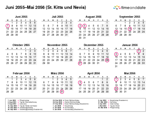 Kalender für 2055 in St. Kitts und Nevis