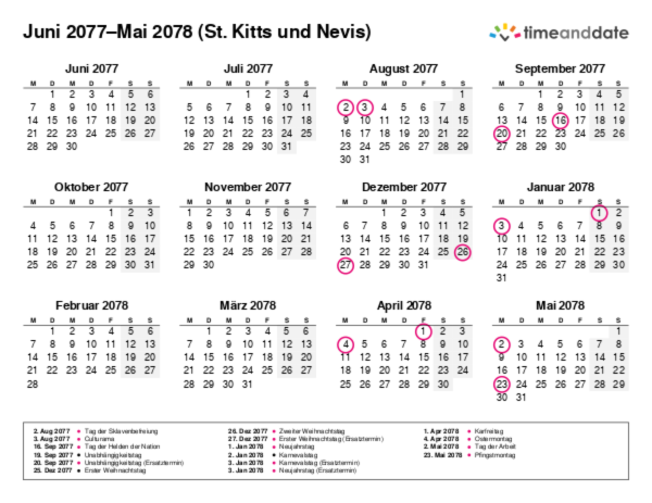 Kalender für 2077 in St. Kitts und Nevis