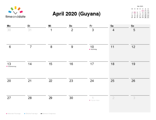Kalender für 2020 in Guyana