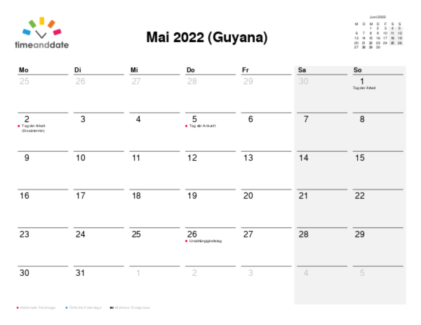 Kalender für 2022 in Guyana