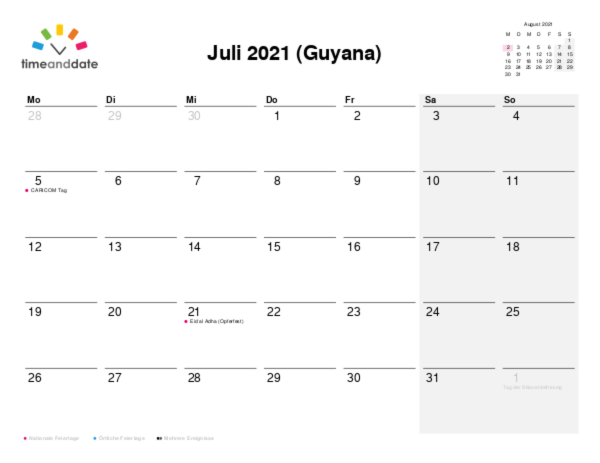 Kalender für 2021 in Guyana